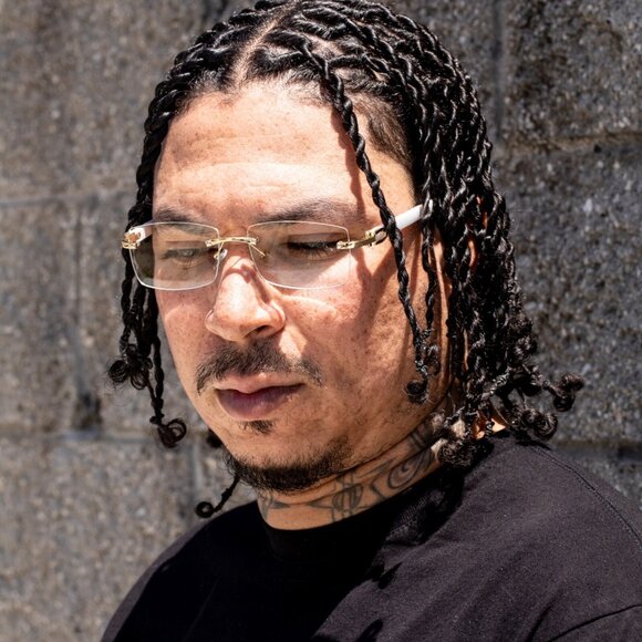 White Wood Grain Clear Lens Mens Gold Frame Rectangular Luxury Square Glasses - Picture 3 of 7